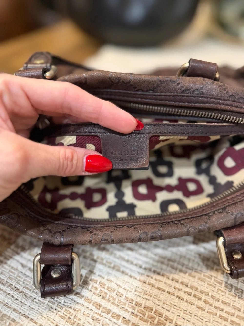 Gucci Brown Leather GG Monogram Top-Handle Bag with Patterned Lining